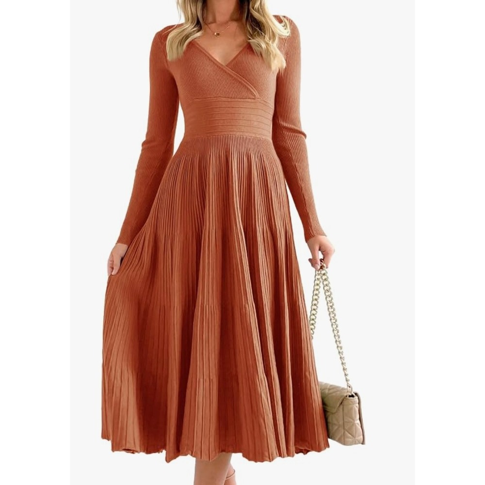 Saodimallsu Burnt Orange Ribbed Knit Wrap Long Sleeve Midi Sweater Dress M8M446